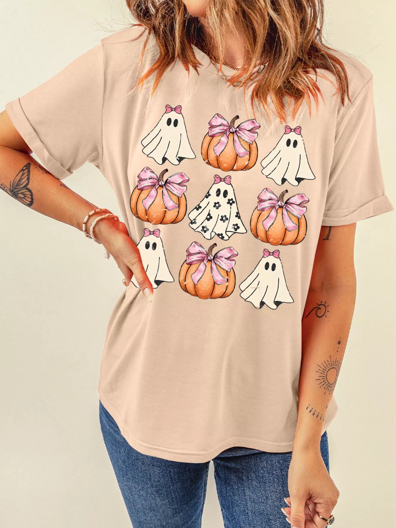 Halloween Bowknot Ghost Pumpkin Graphic T Shirt - Fashorio