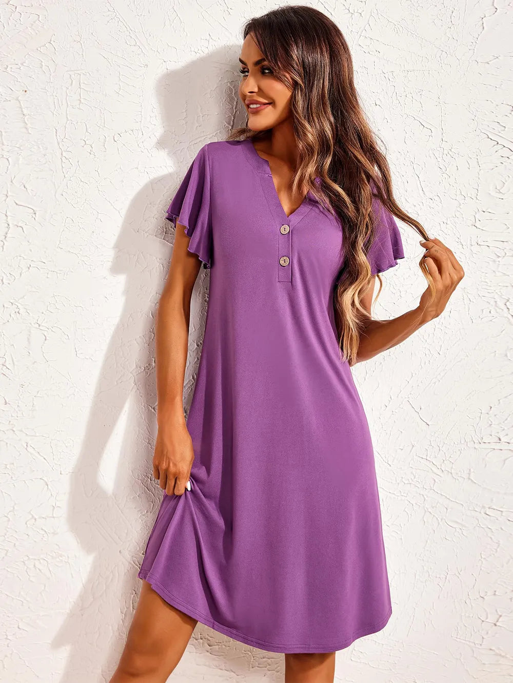 Notched Short Sleeve Lounge Dress Mauve - Fashorio