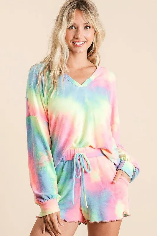 BiBi Tie Dye French Terry Top and Shorts Set PASTEL TIEDYE - Fashorio