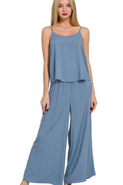 Zenana Woven Cami & Pants Set DUSTY BLUE - Fashorio