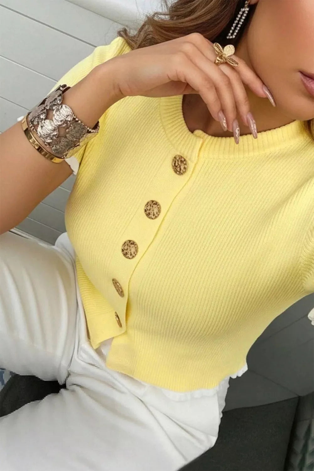 Yellow ribbed cardigan back view
