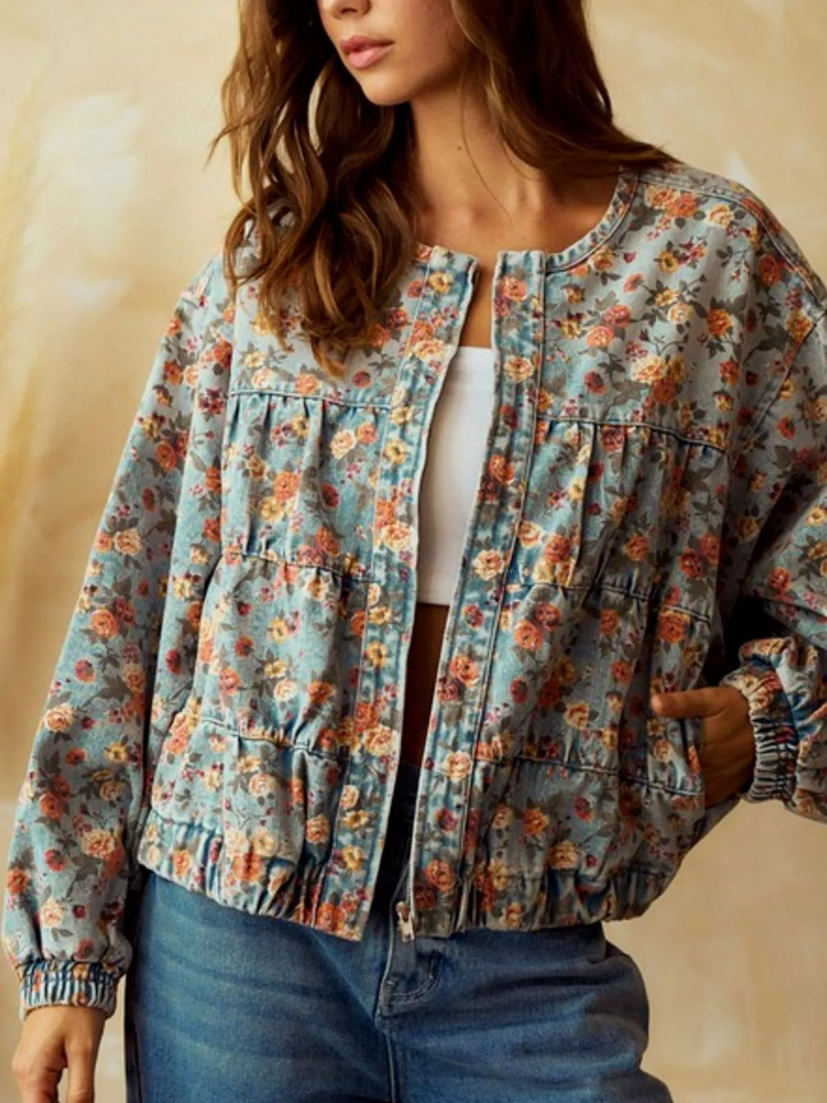 Floral Print Cropped Zip Up Denim Jacket styled look