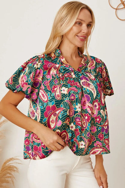 Floral Collared Neck Short Sleeve Blouse - Fashorio