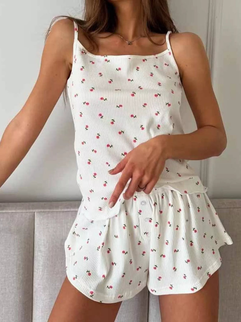 Floral ribbed knit cami and shorts lounge set front view