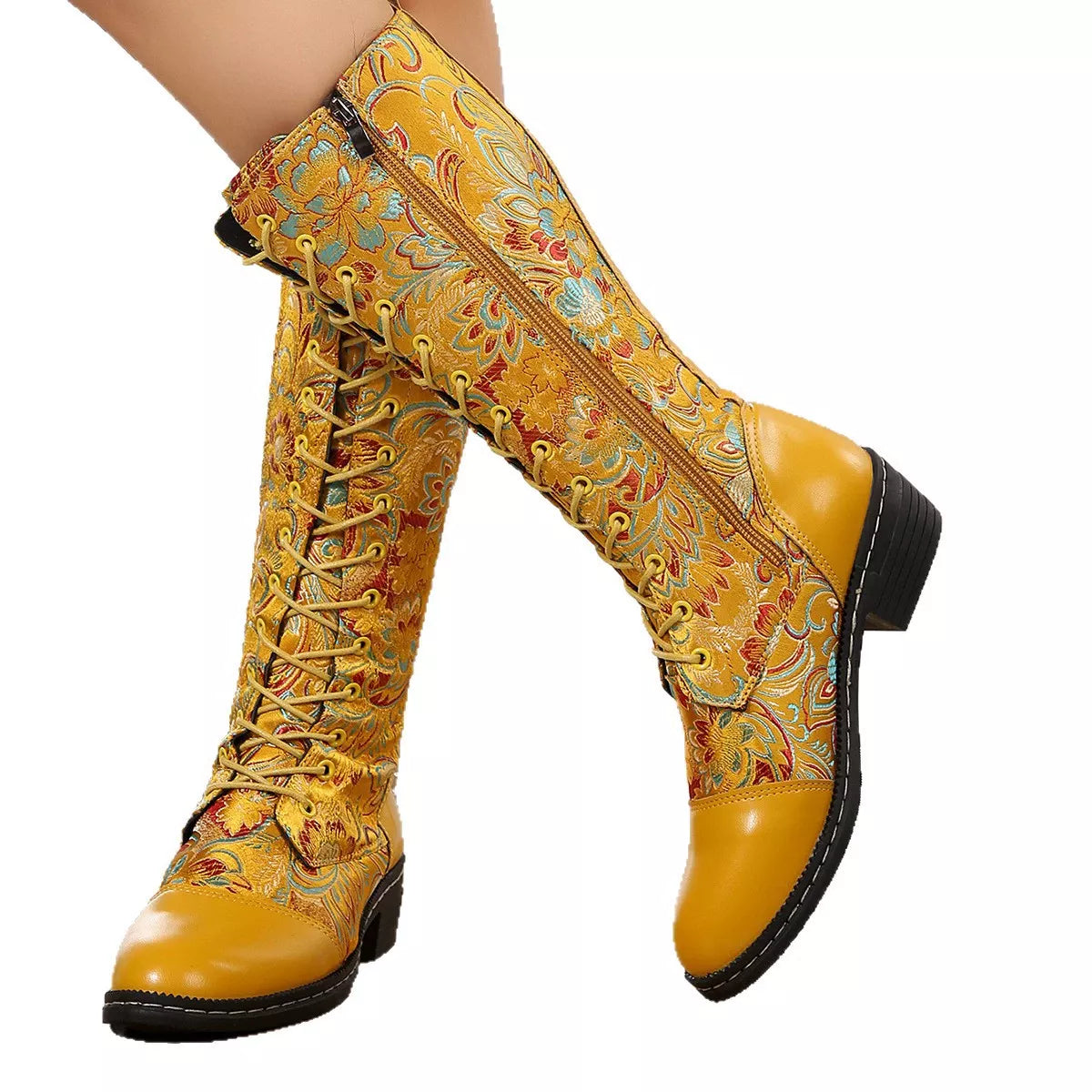 Embroidered Lace Up Block Heel Boots material texture close up