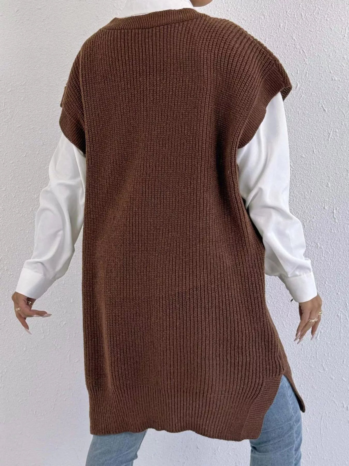 slit v neck sweater dress knit texture detail