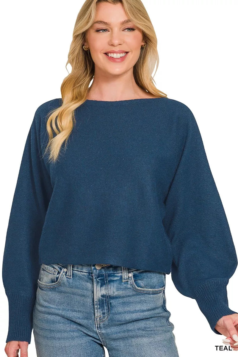 Teal boat neck balloon sleeve knit sweater front