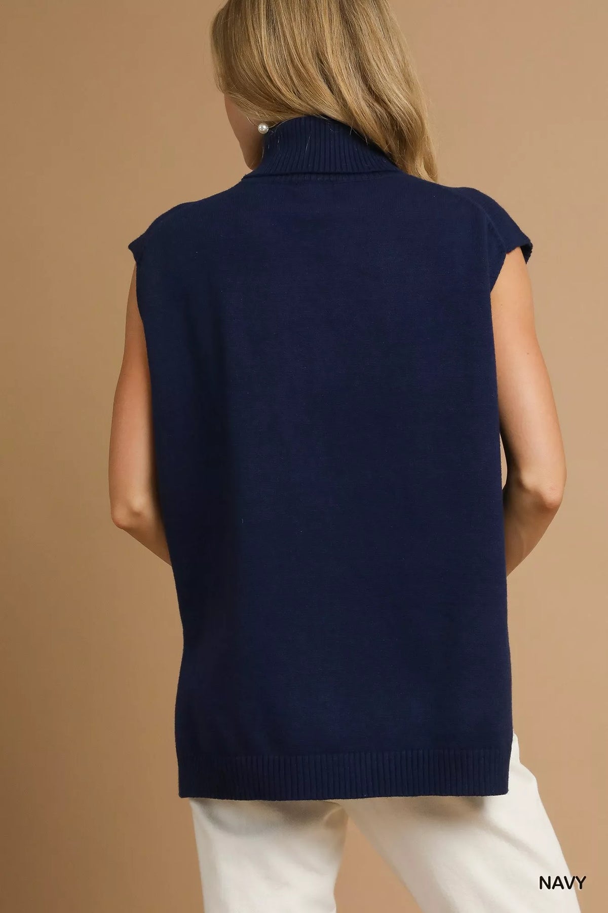 High Low Turtleneck Sleeveless Sweater Top in Navy back view