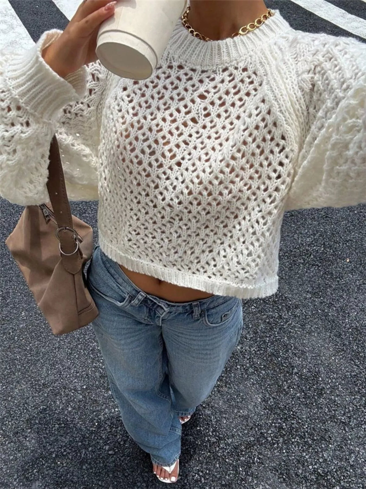 Crochet Openwork Backless Raglan Sleeve Sweater side view