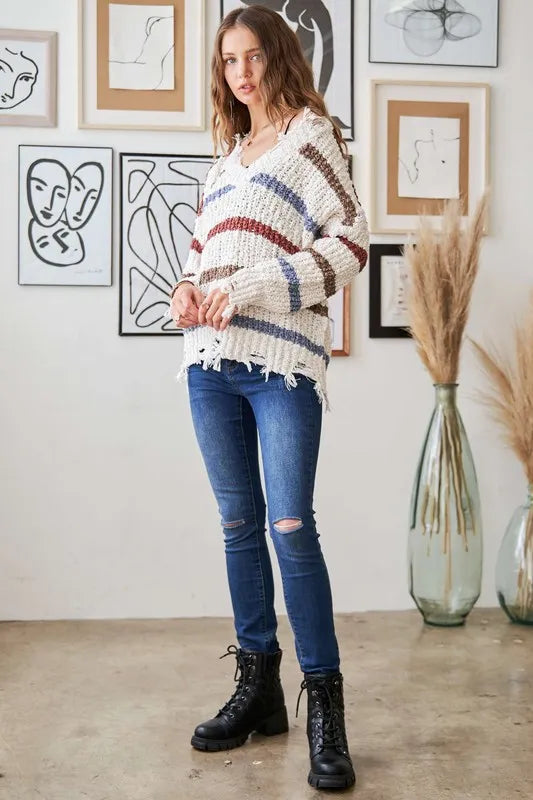 Frayed Edge Stripe Sweater in Beige on model