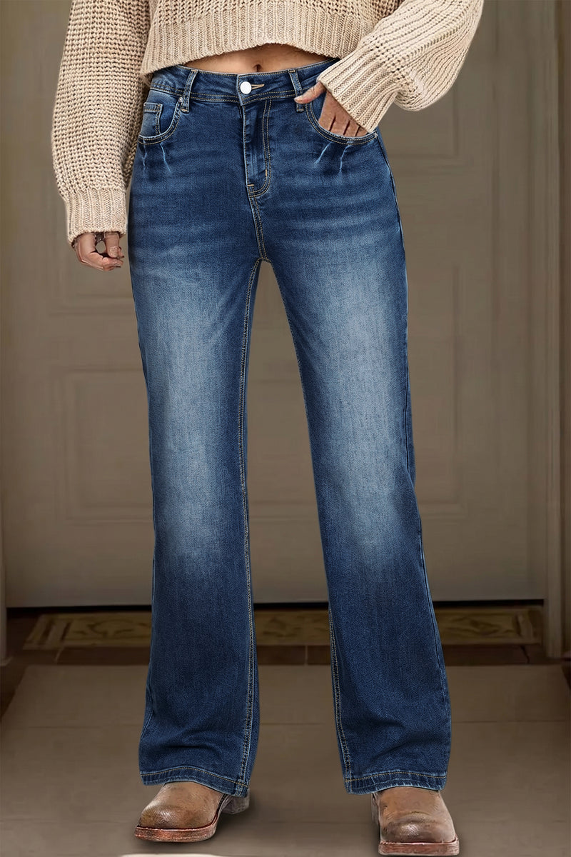 Blue acid wash straight leg jeans front view