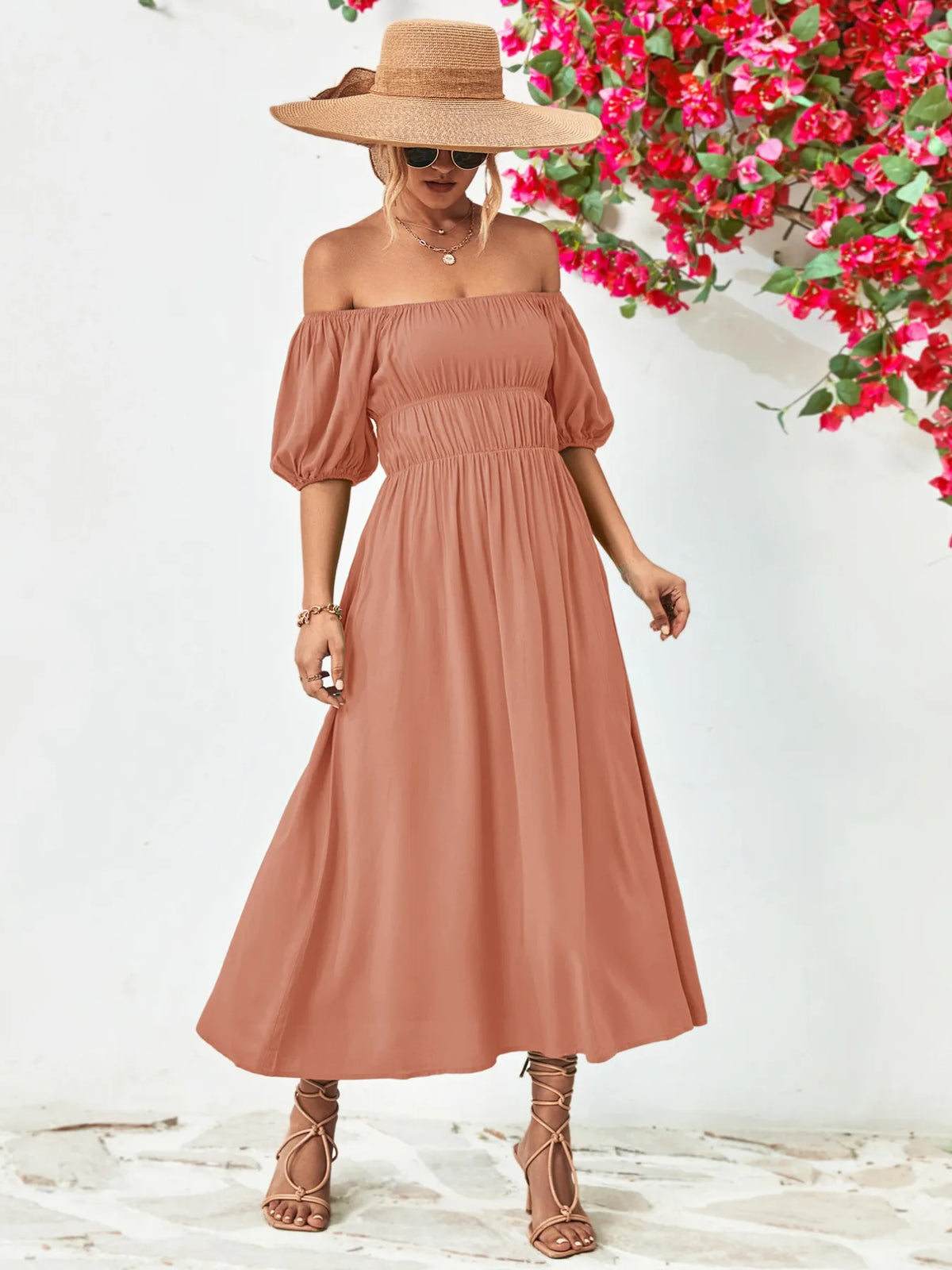 Off shoulder puff sleeve smocked maxi dress, three quarter view
