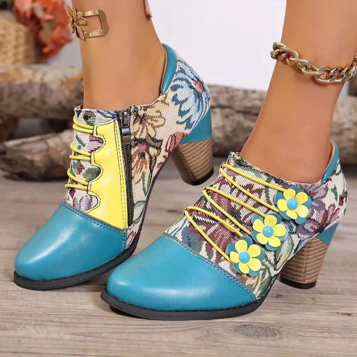 Lace up block heel ankle boots standing pair