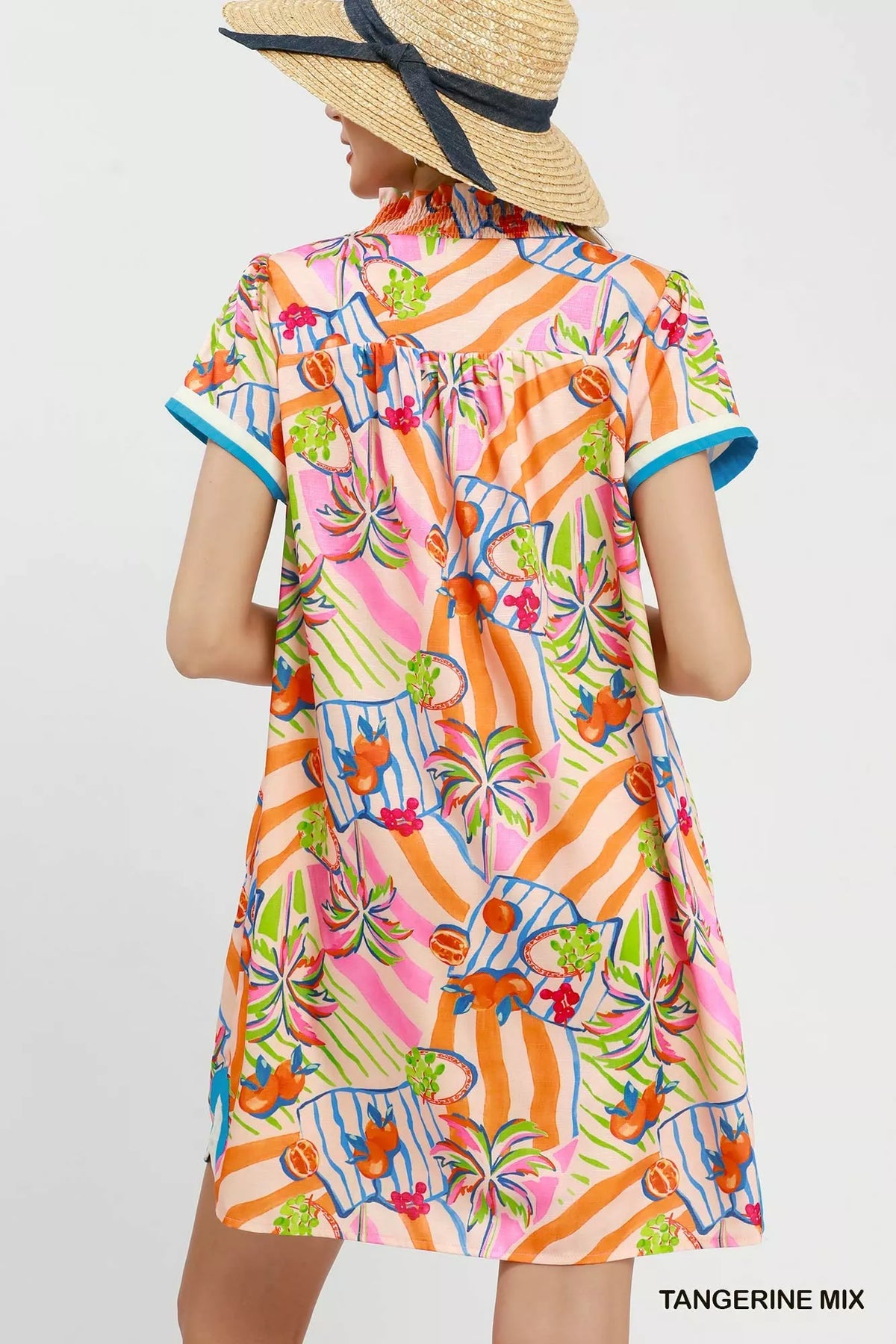 Tangerine tropical print collared shift dress back view