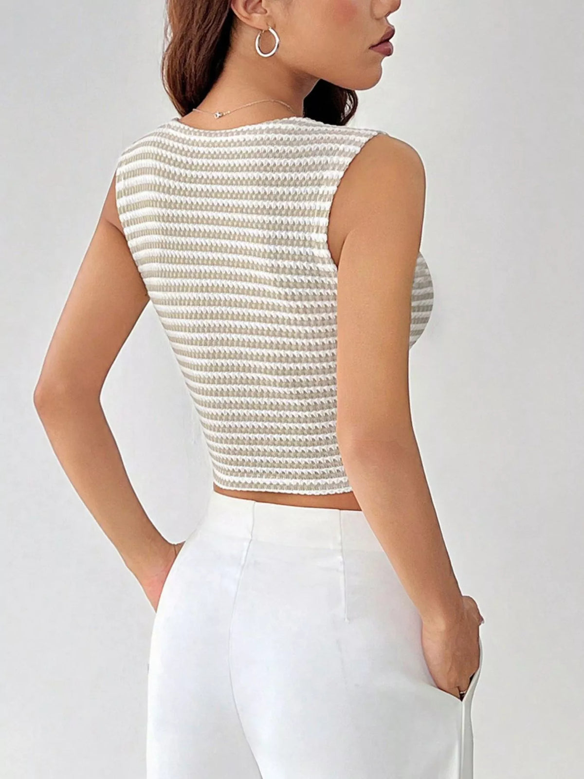 Striped Button Down Cropped Sweater Vest in Ivory detail