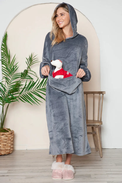 Double Take Full Size Pocketed Hooded Midi Lounge Dress - Fashorio
