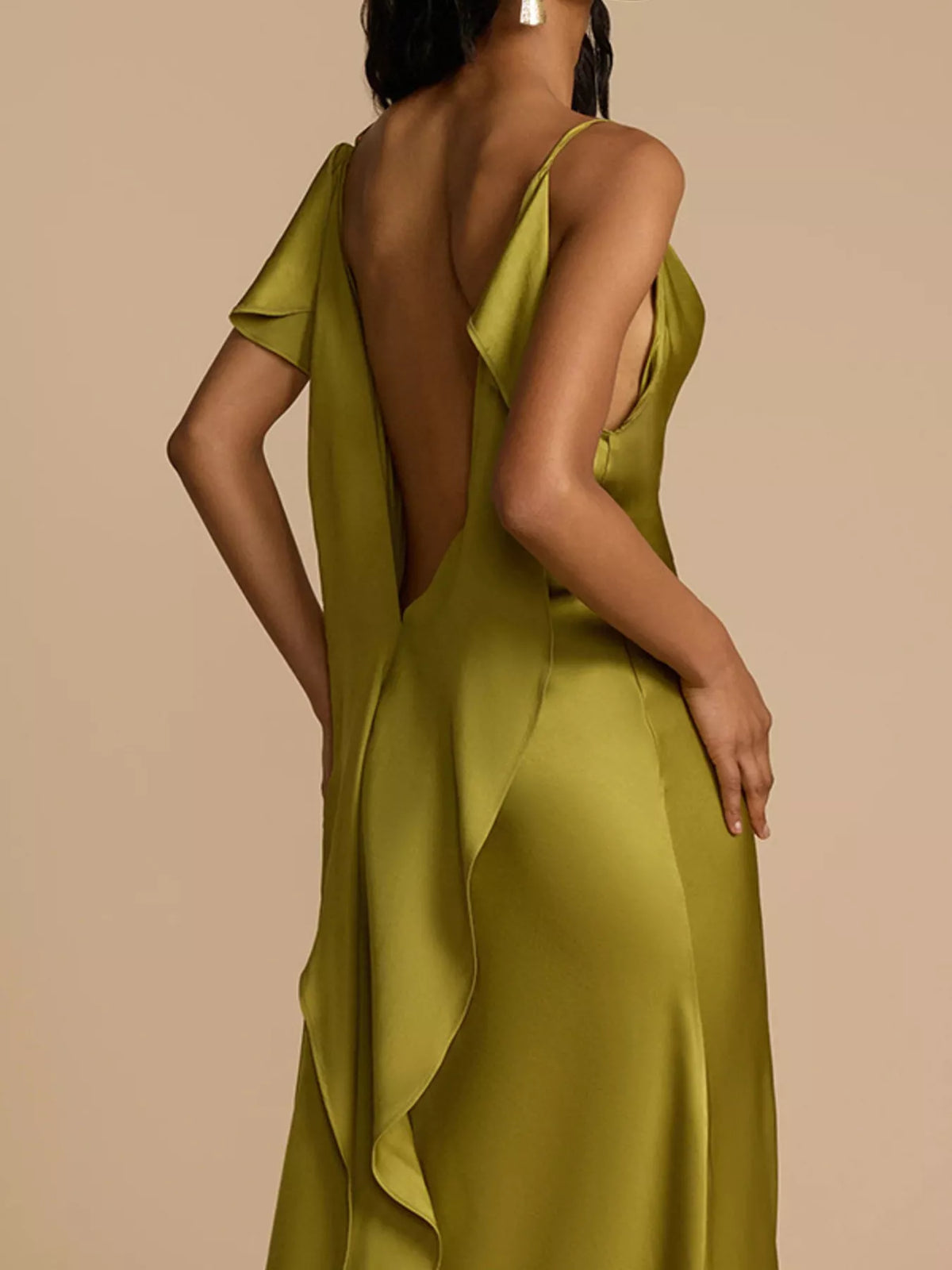 Matcha satin cowl neck slit maxi dress back detail