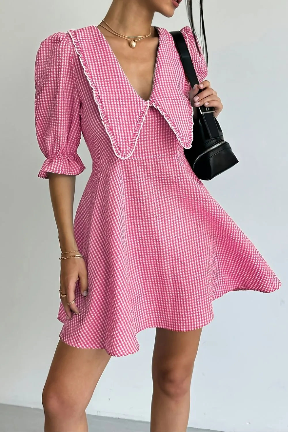 Gingham Puff Sleeve Mini Dress in Pink back view