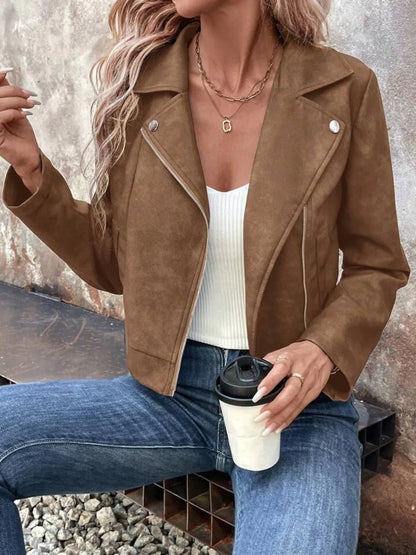 Zip Up Suede Cropped Moto Jacket - Fashorio