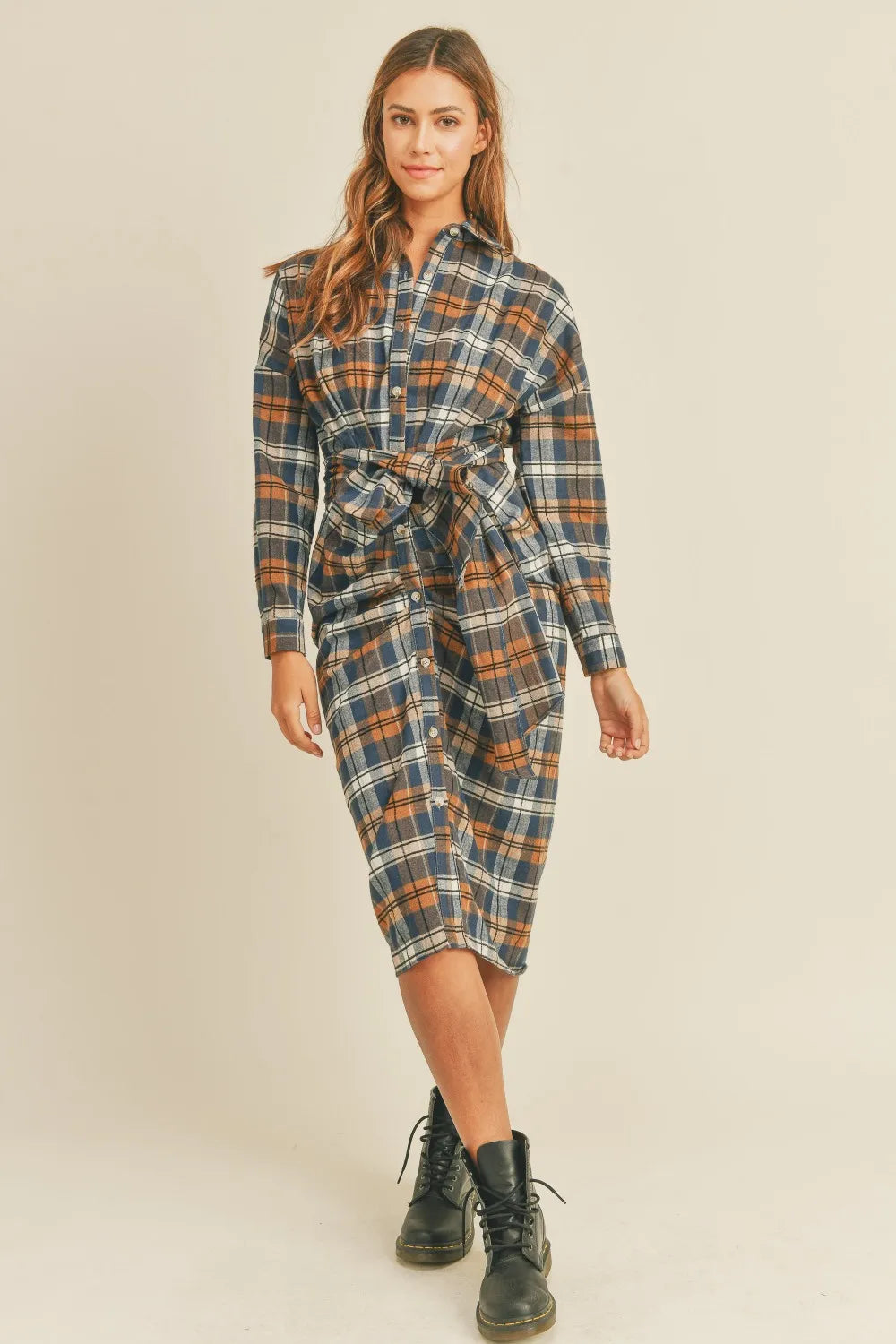 Plaid Flannel Front Tie Button Down Shirt Dress styled look