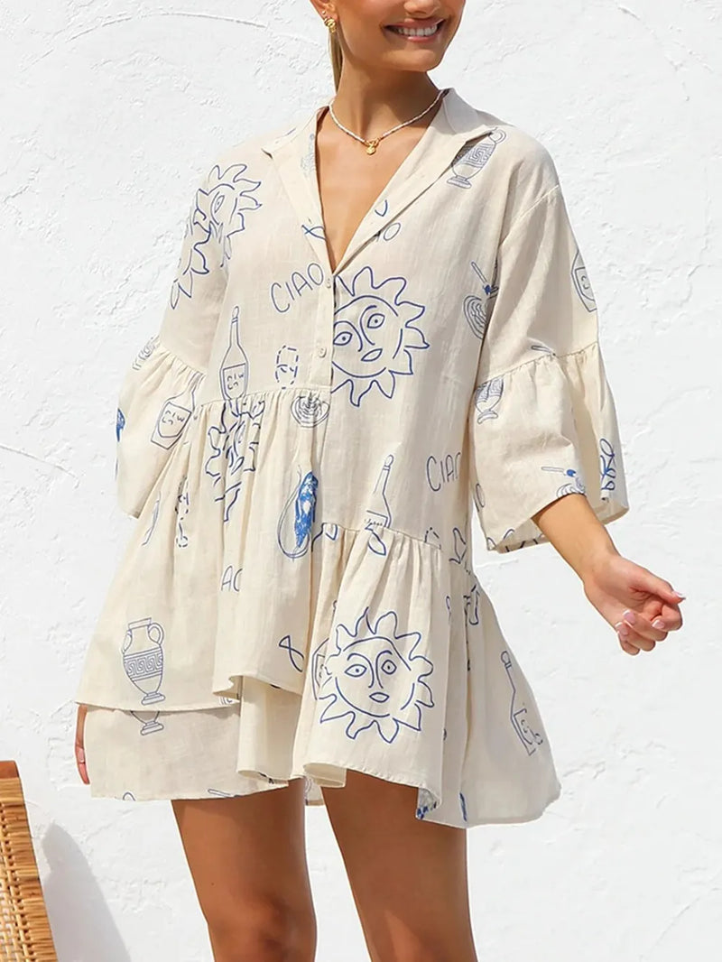 Button detail printed mini dress front view