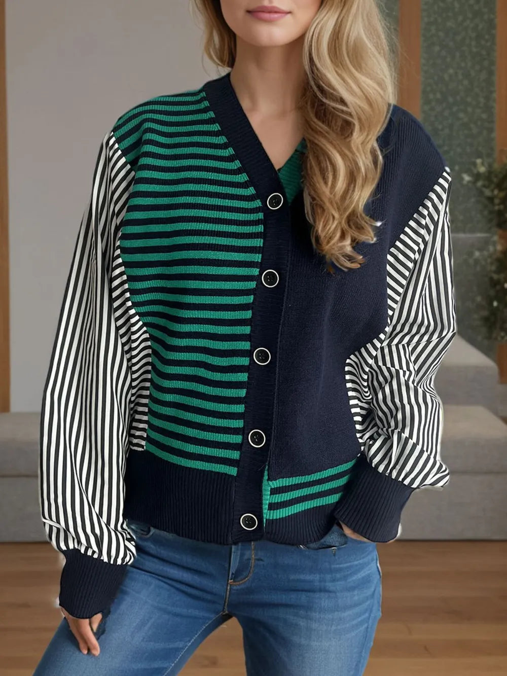 Striped Button Down Long Sleeve Cardigan - Fashorio