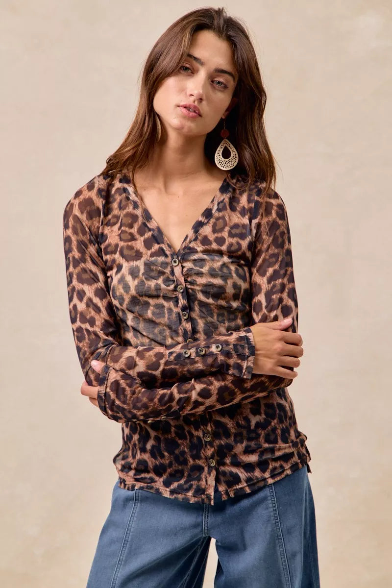 Button up leopard shirt showing ruched side detail