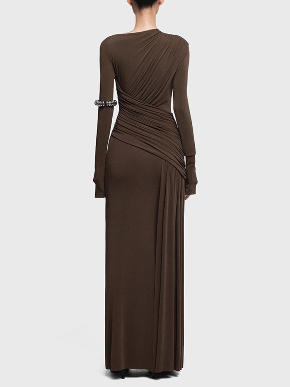 Ruched long sleeve maxi dress, side profile