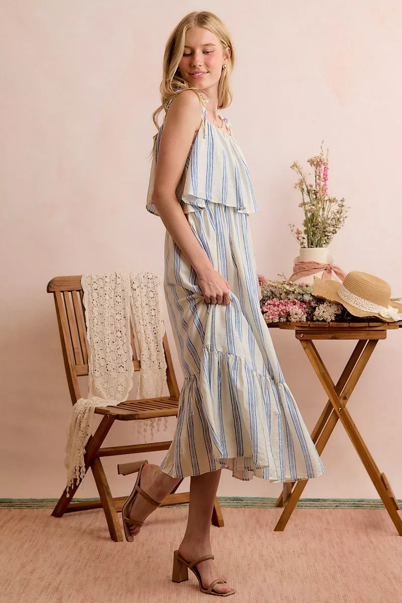 White and blue striped tiered midi dress with shoulder ties front view
