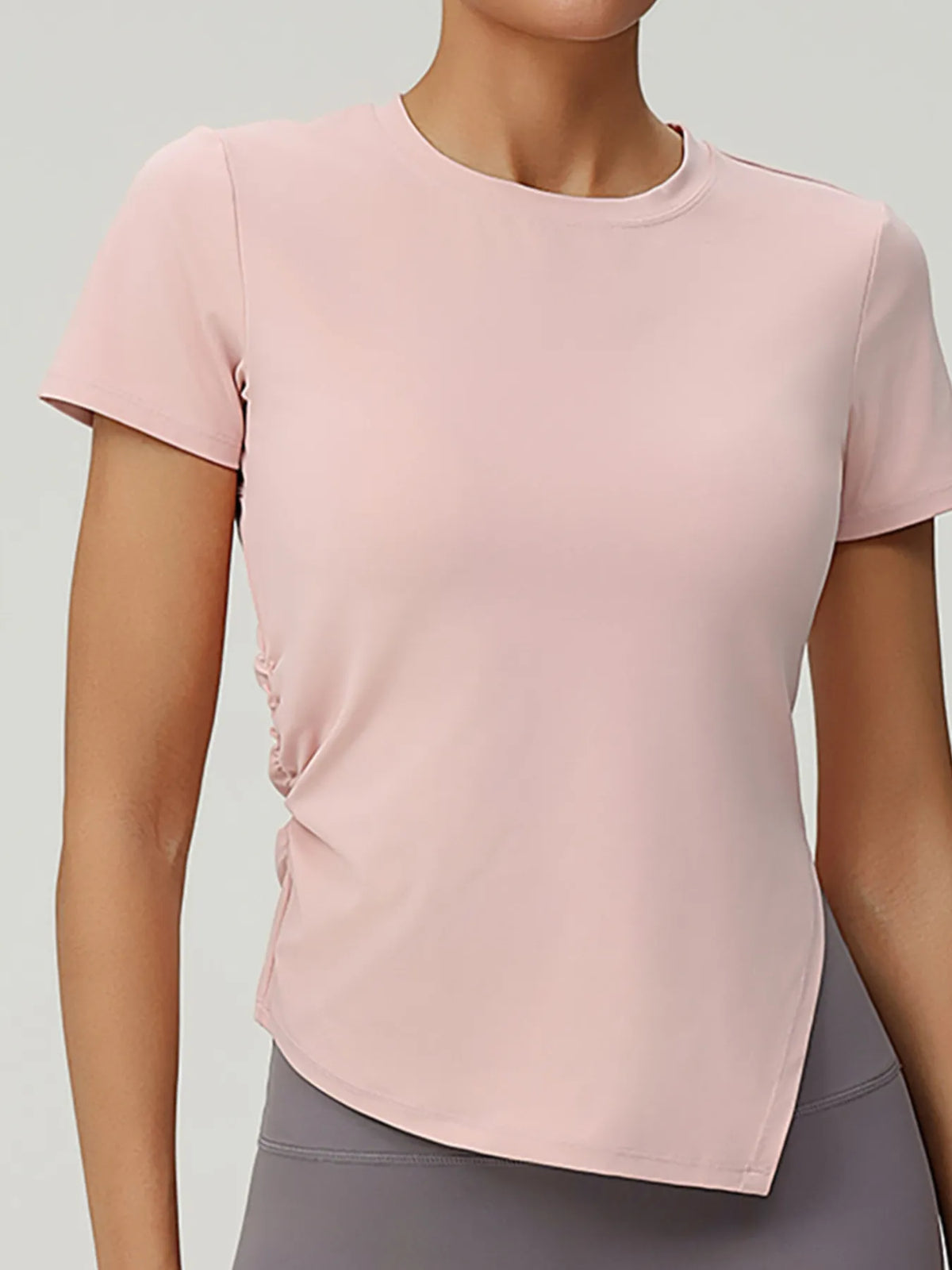slit round neck short sleeve active tee front view