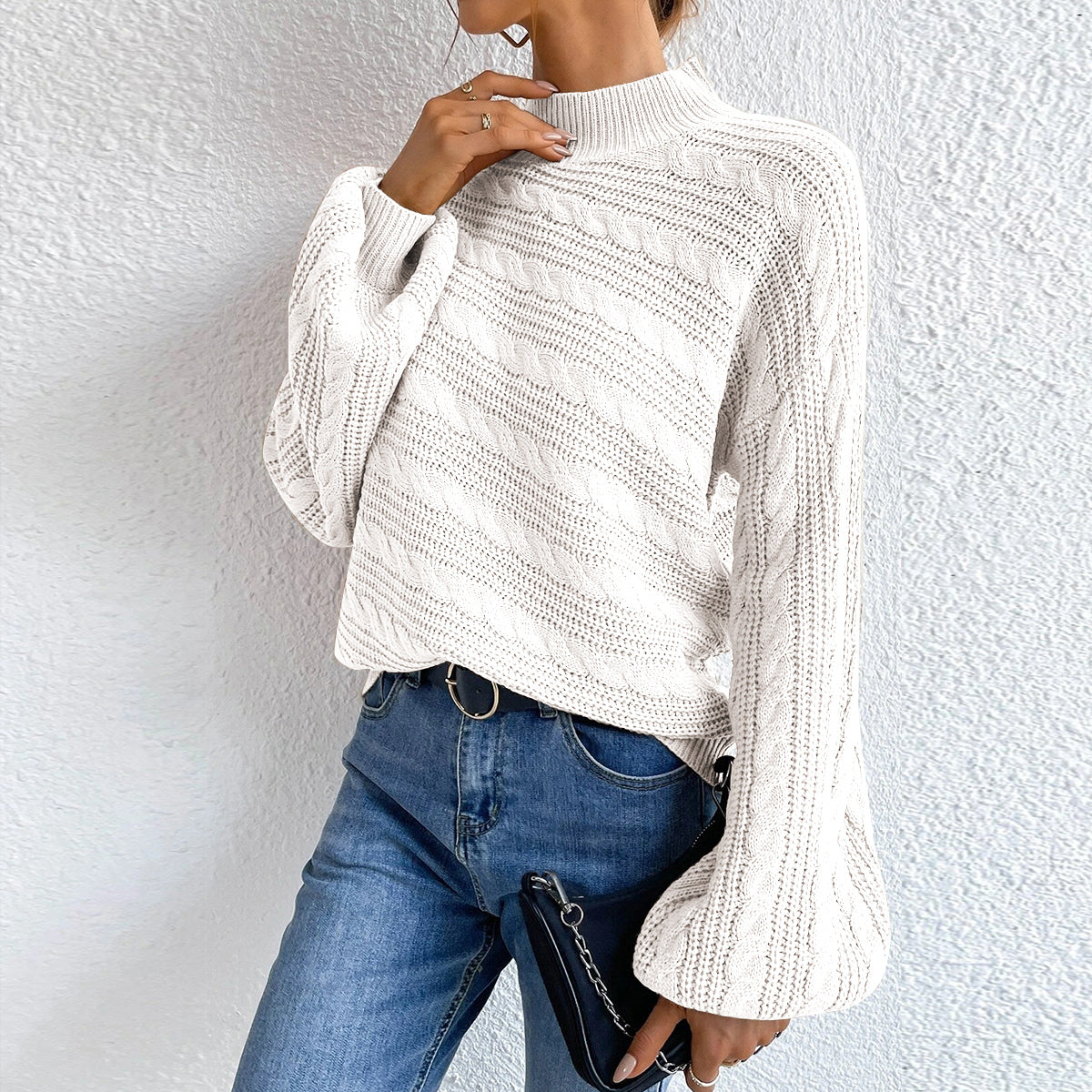 Cable-Knit Mock Neck Long Sleeve Sweater - Fashorio