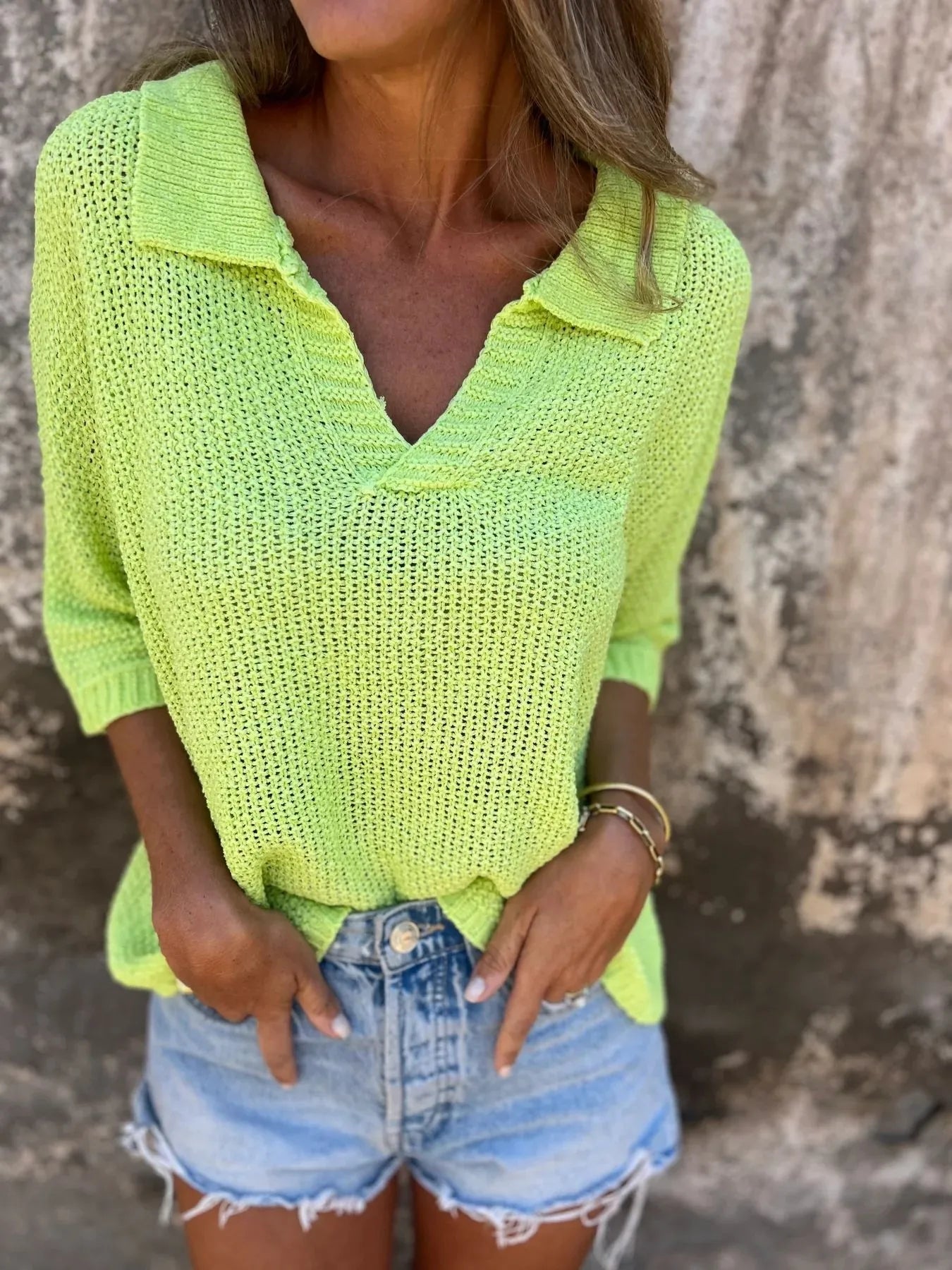 Full Size Johnny Collar Loose Knit Sweater Plus Size Fluorescent Green - Fashorio