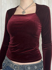Velvet Long Sleeve Square Neck T-Shirt Burgundy - Fashorio