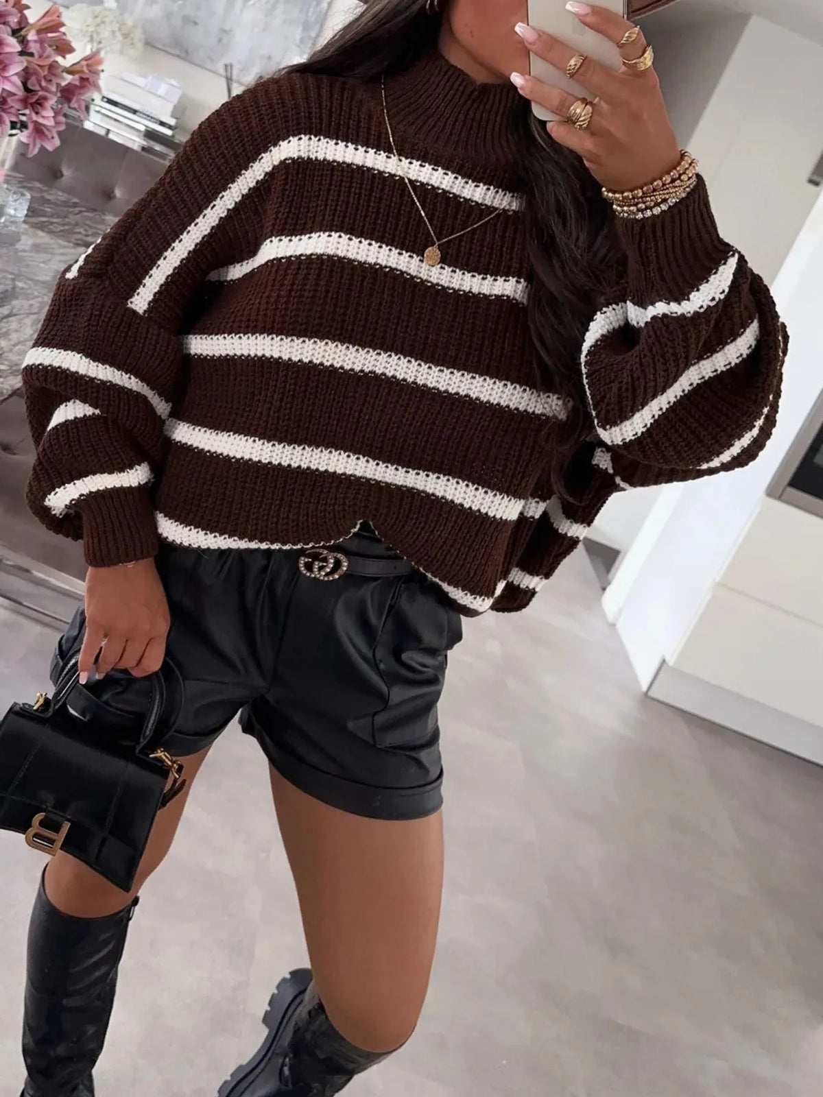 Striped turtleneck long sleeve sweater front view