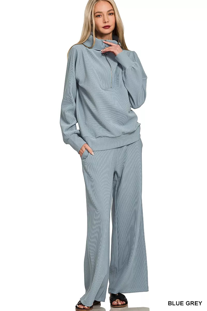 Zenana Ribbed High Neck Half Zip Pullover & Pants Set BLUE GREY - Fashorio