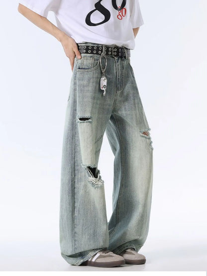 Men's Full Size Distressed Washed Wide Leg Jeans Plus Size - Fashorio