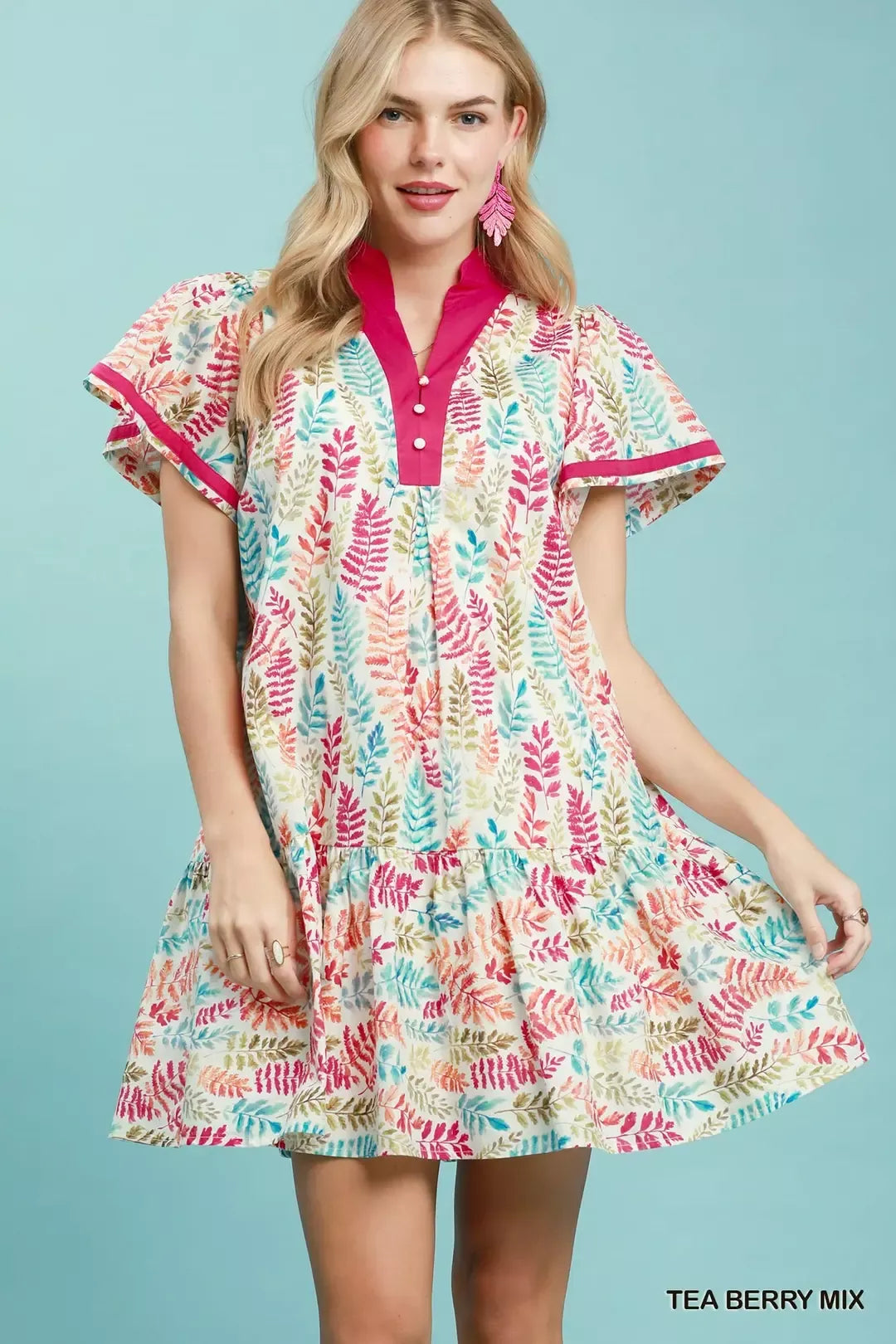 Leaf Print Flutter Sleeve Tiered Mini Dress in Berry