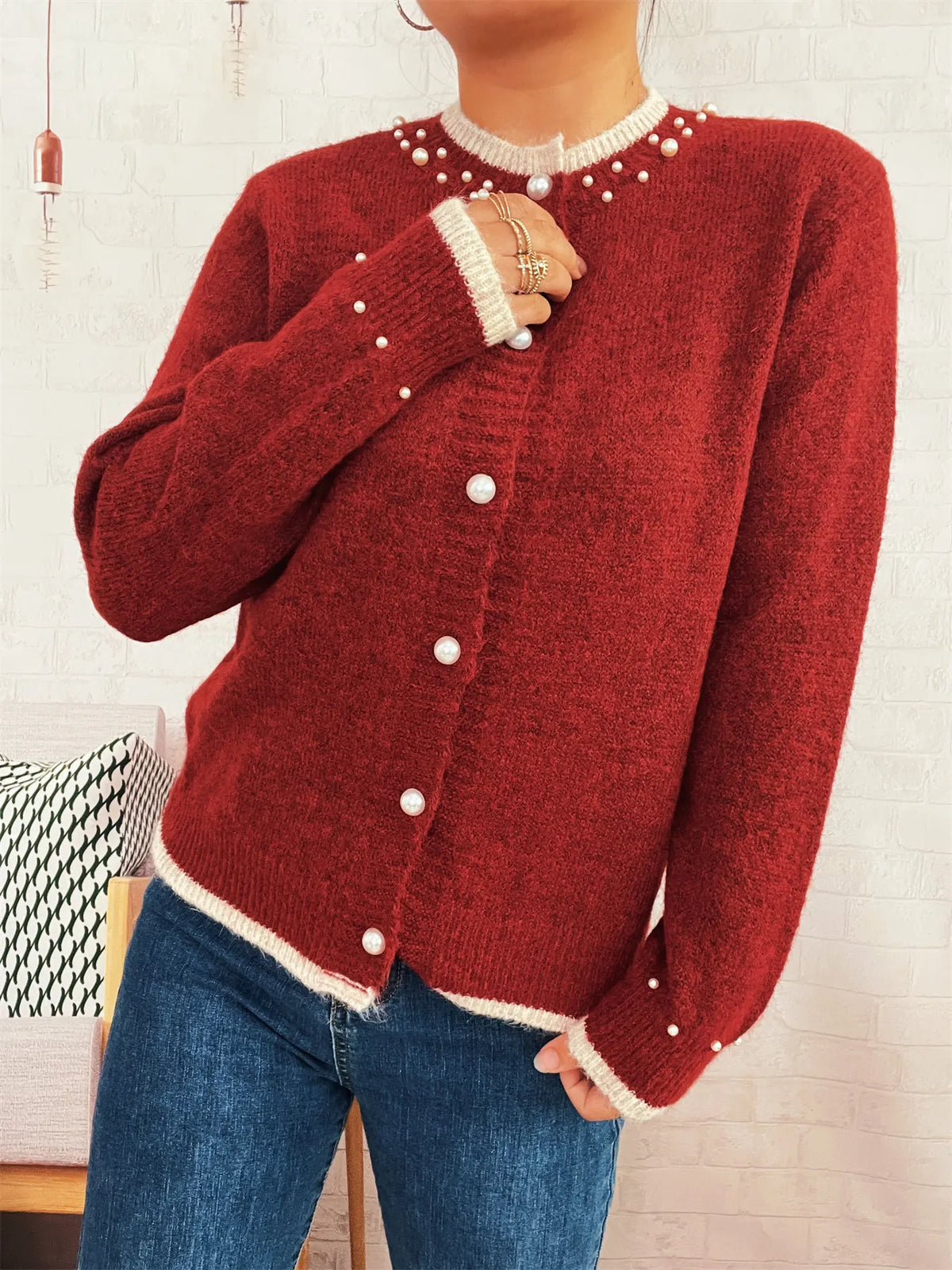 pearl button front ribbed cardigan front view