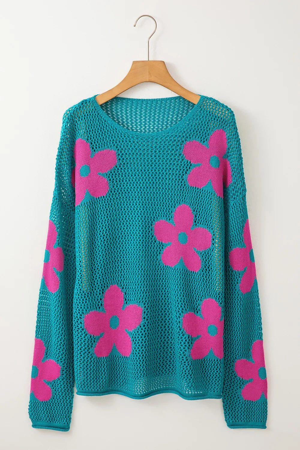 Openwork Round Neck Floral Knit Kimono Cover Up, view 15