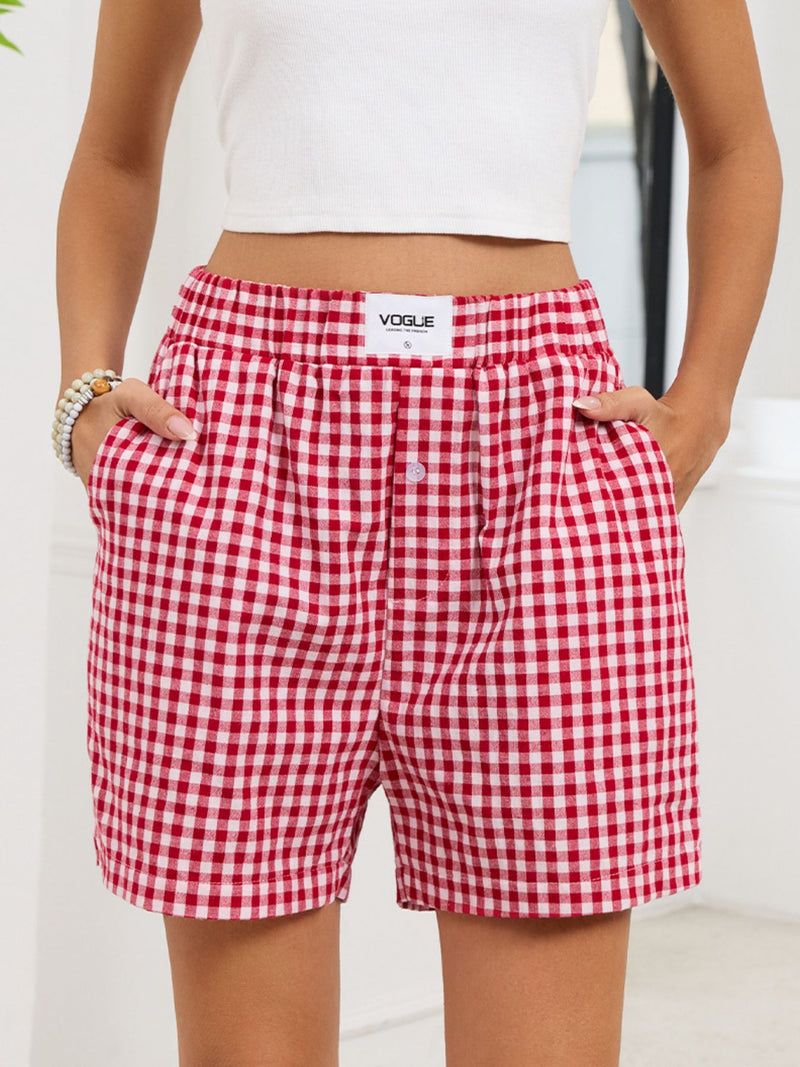 Gingham elastic waist shorts front view on model