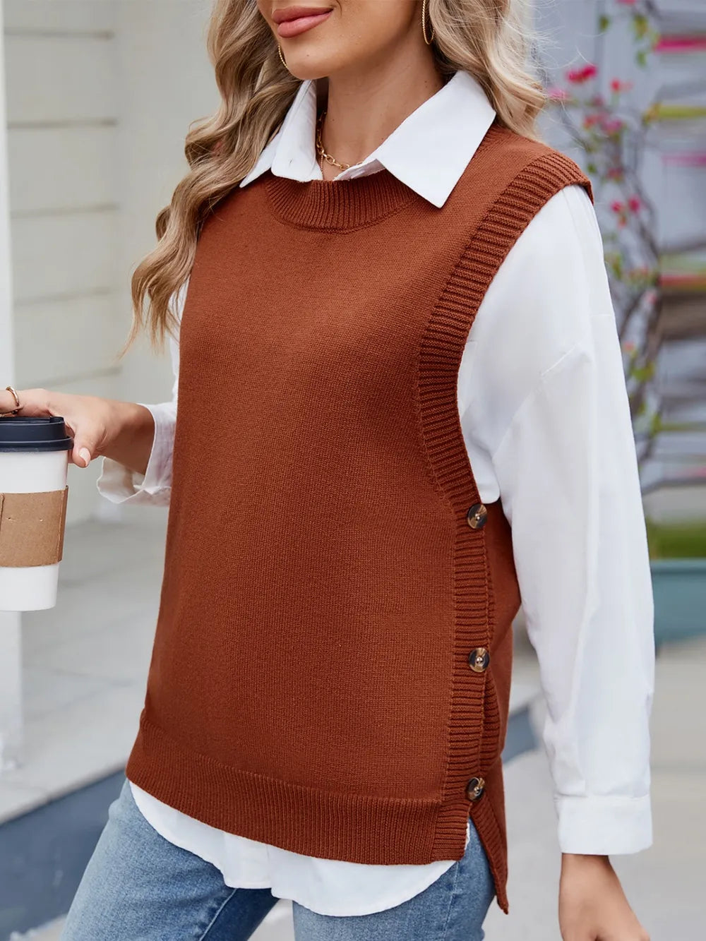 buttoned round neck sweater vest knit texture detail