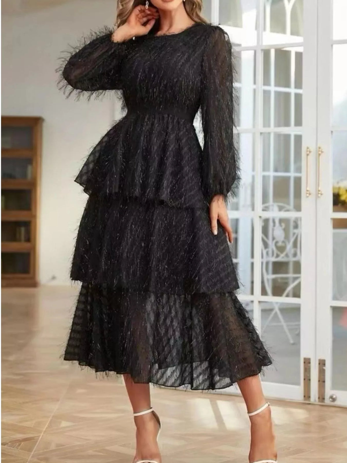 Layered Balloon Sleeve Midi Dress, view 5