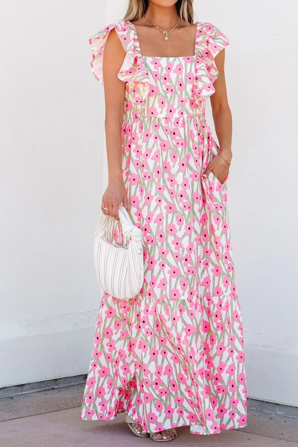 Blush pink floral square neck cap sleeve maxi dress, side profile