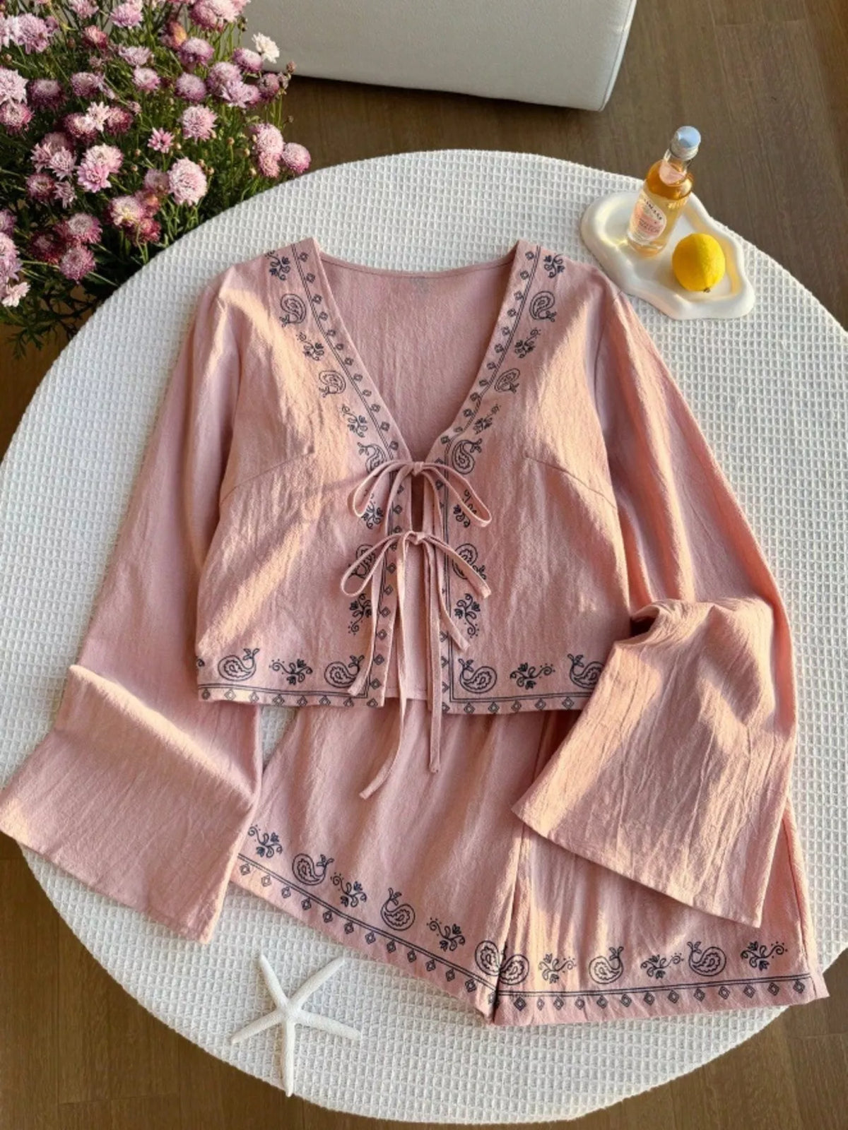 Embroidered Tie Front Top and Shorts Set, view 20