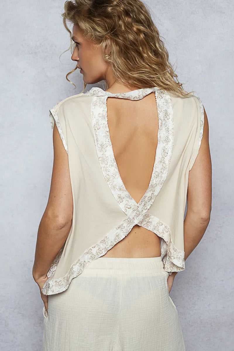 POL Round Neck Sleeveless Top with Floral Contrast - Fashorio