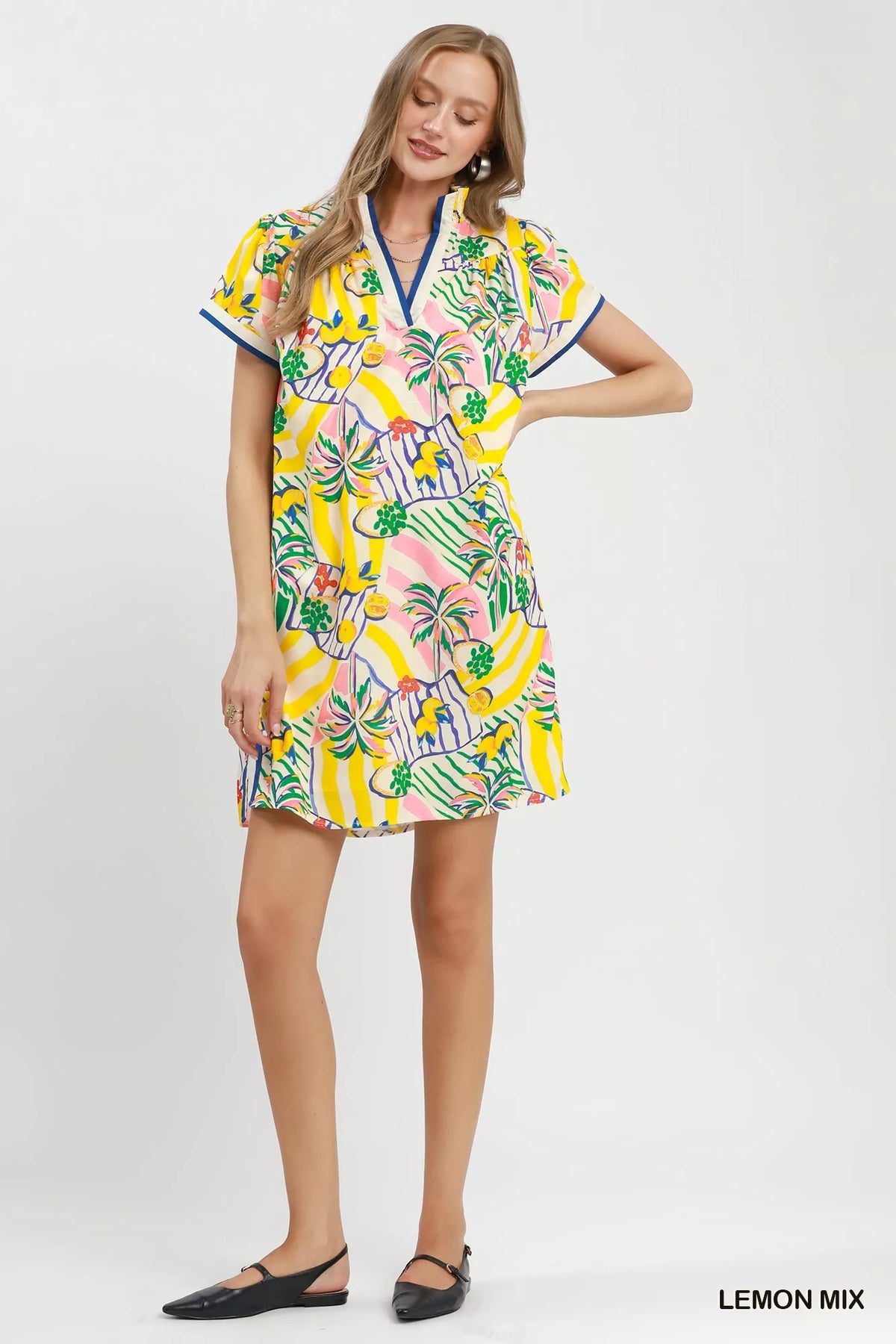 Lemon yellow tropical print dress side view