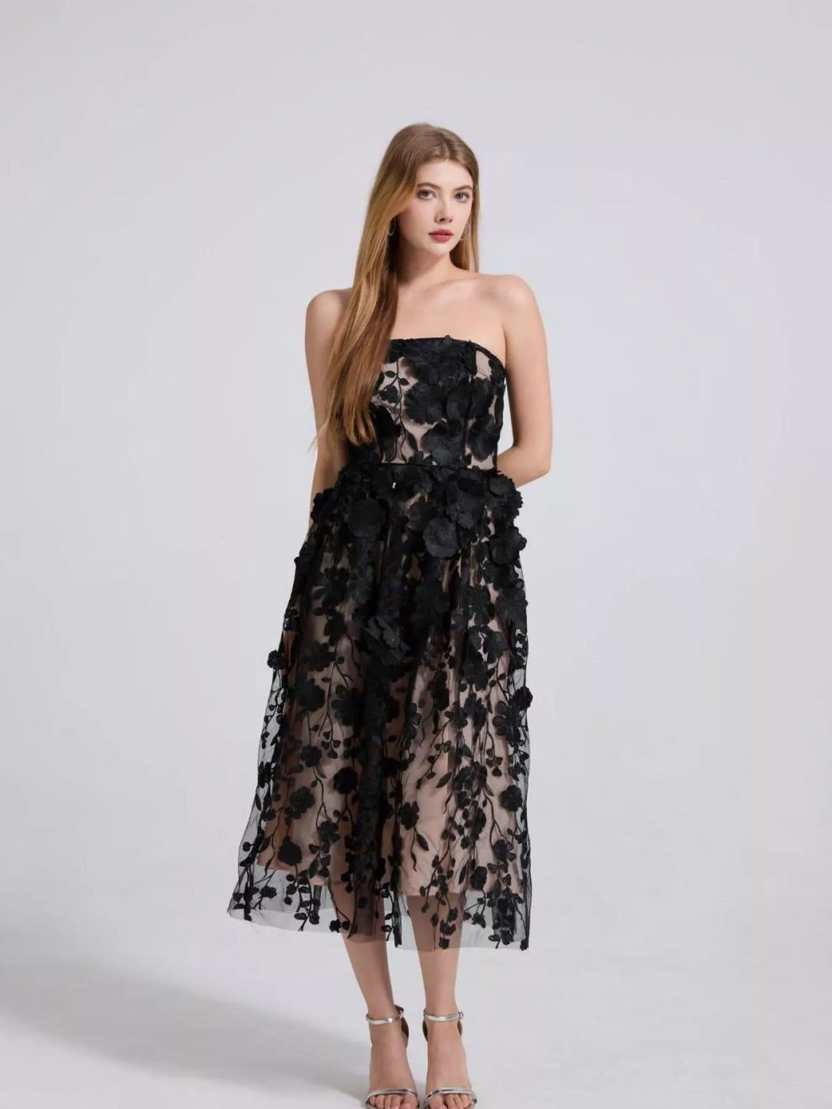 Floral applique dress back view with zipper