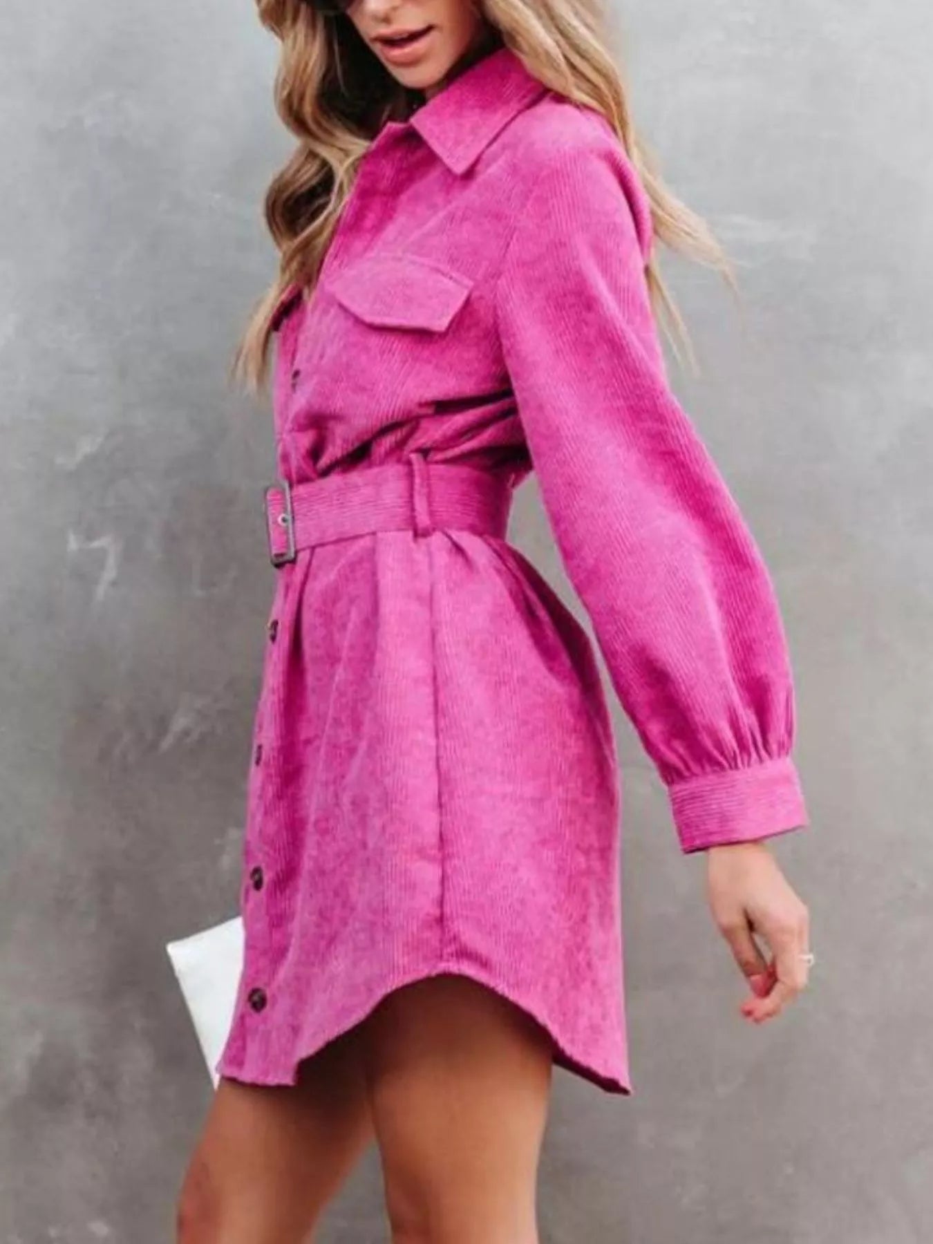 Button Front Belt Long Sleeve Corduroy Dress - Fashorio