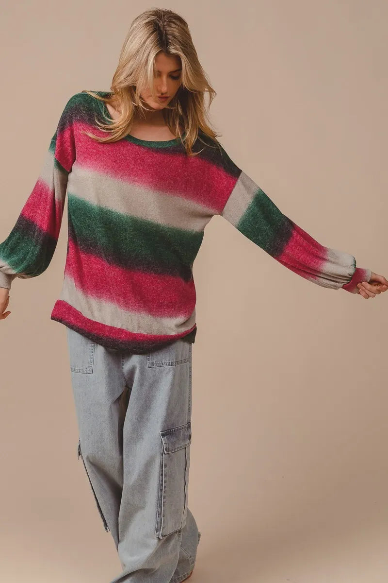 BiBi Striped Gradation Print Knit Top FUCHSIA HUNTER - Fashorio