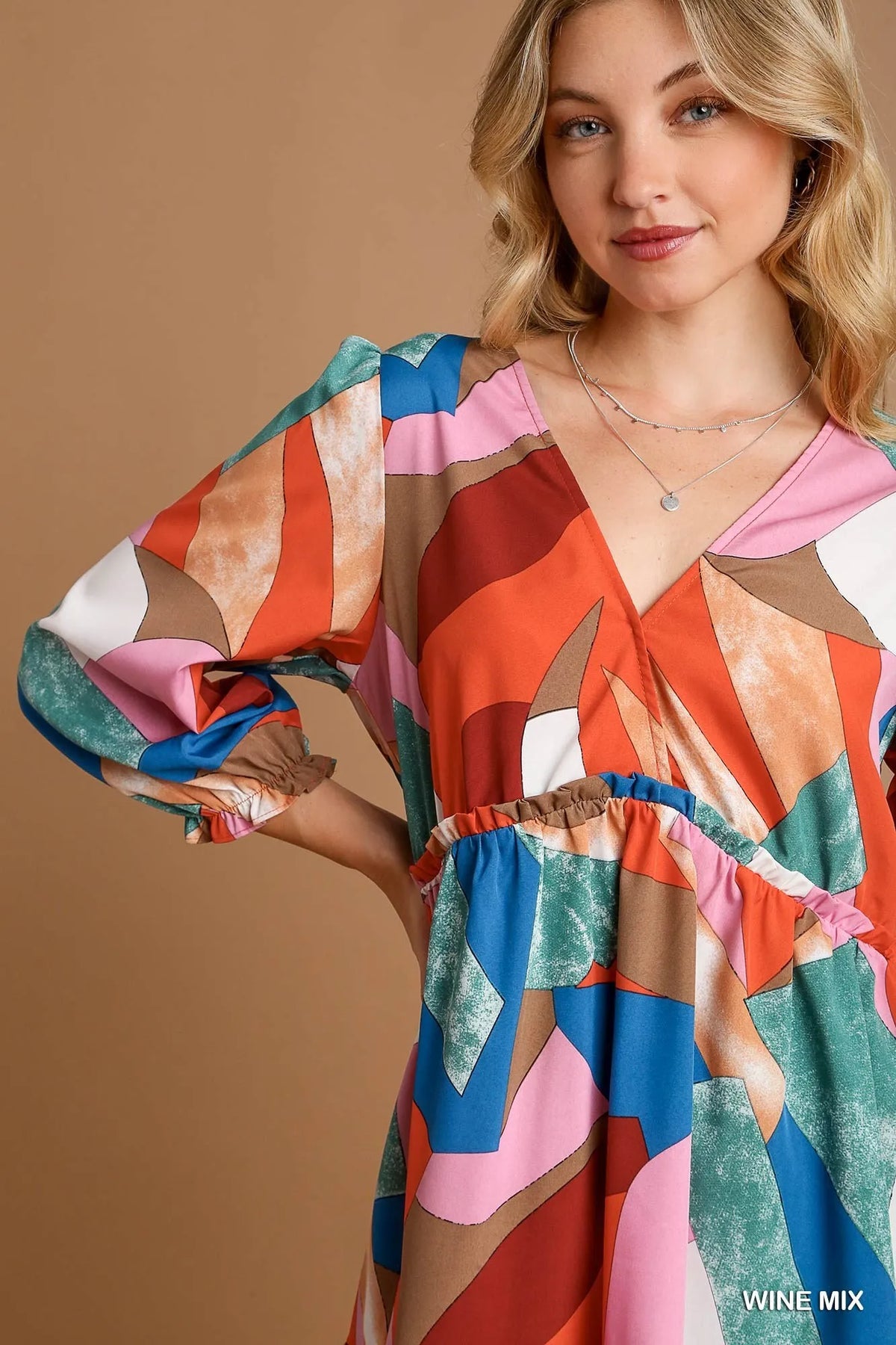 Abstract Print V Neck Tiered Dress in Wine styled look